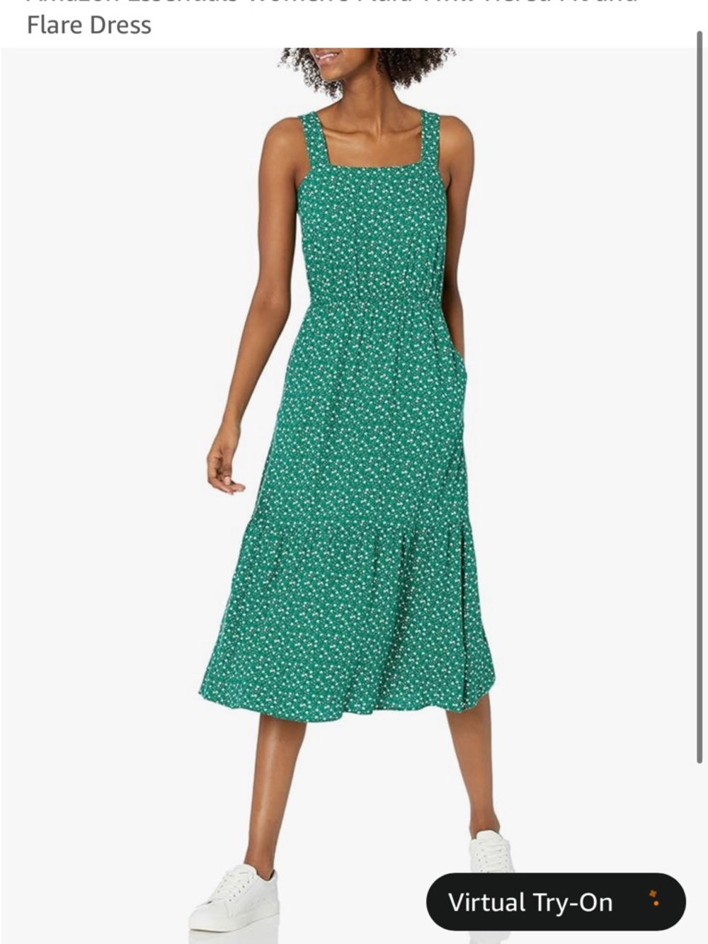 Green Square-Neck Midi Dress with Floral Print